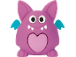 Monstro roxo sorridente com asas azuis e um coração rosa na barriga.