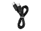 Cabo USB-C preto com abraçadeira branca, enrolado em laço.