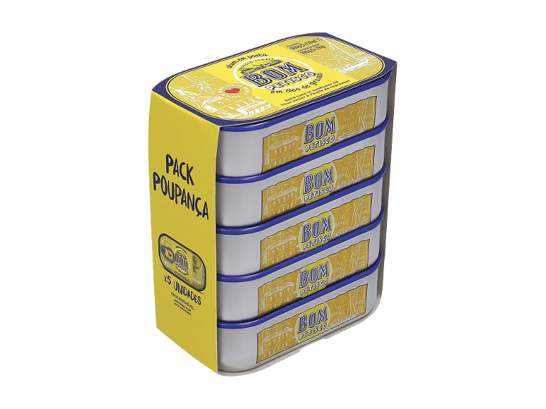 Pack de cinco latas de atum em óleo de girassol, em embalagem amarela.