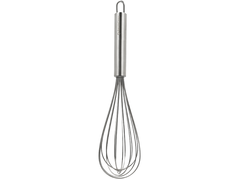 Batedor de cozinha em aço inoxidável com cabo e argola para pendurar.