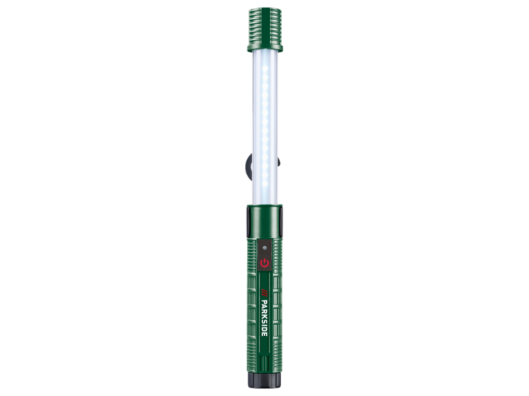 Luz de trabalho verde com iluminação LED e botão de ligar/desligar vermelho.