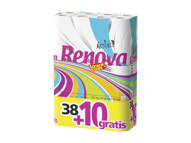 Pacote de rolos de papel higiénico brancos com design colorido e indicação 'low cost'.
