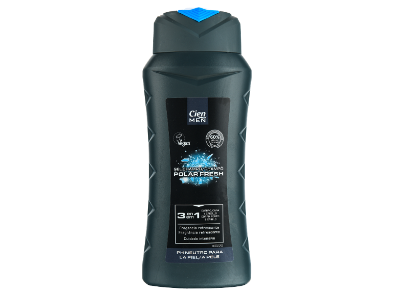Gel de banho e champô 3 em 1 masculino com aroma Polar Fresh, pH neutro e 60% plástico reciclado.