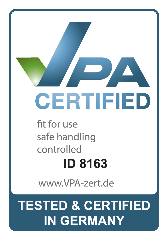 Selo certificado: apto para uso, manuseio seguro, controlado. ID 8163. Testado e Certificado na Alemanha.