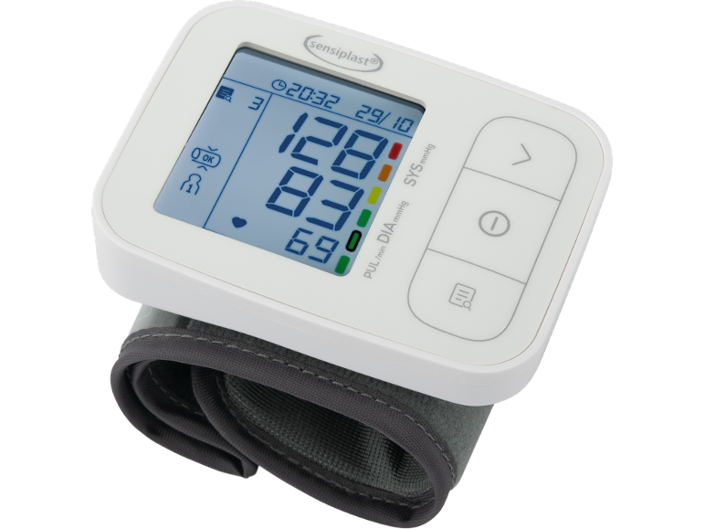 Monitor de pressão arterial de pulso digital com ecrã LCD que mostra 128/83 e 69 batimentos por minuto.