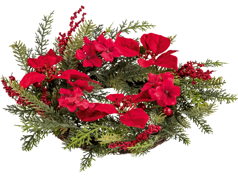 Coroa de Natal com poinsétias vermelhas, bagas e folhagem perene