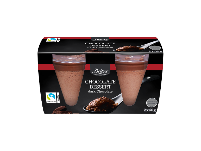 Duas sobremesas de chocolate preto, 60g cada, com informação sobre teor alcoólico.