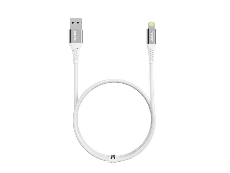 Cabo de carregamento branco USB-A para Lightning com trança de tecido.