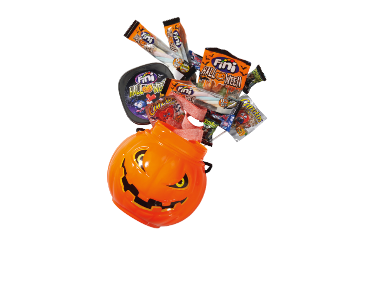 Doces de Halloween e guloseimas de gelatina num balde de abóbora laranja.