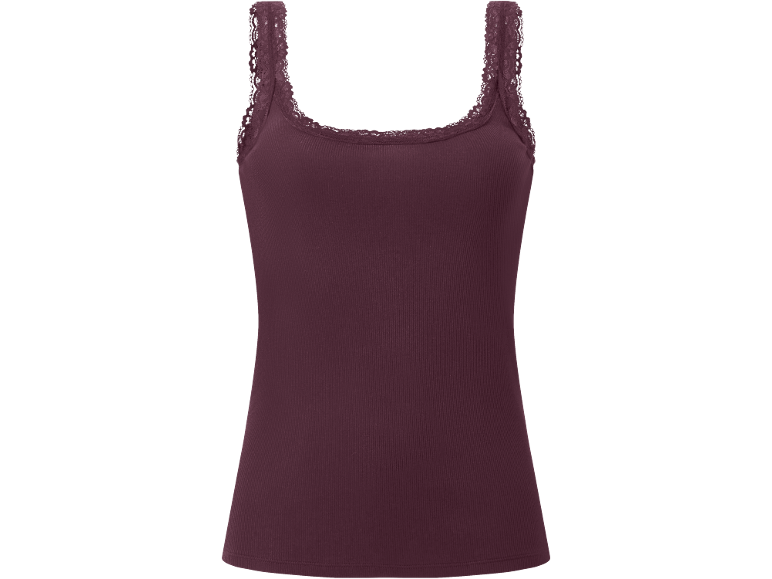 Camisola de alças canelada cor vinho com detalhes em renda.