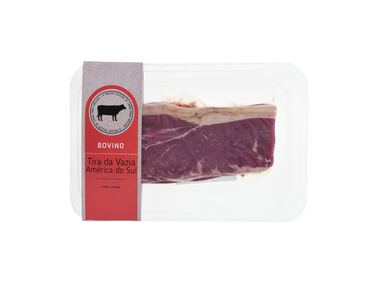 Corte de carne bovina embalado, rotulado 'Tira da Vazia América do Sul', para fritar ou grelhar.