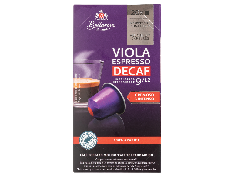 Caixa roxa com 20 cápsulas de café expresso descafeinado, intensidade 9/12, 100% Arábica.