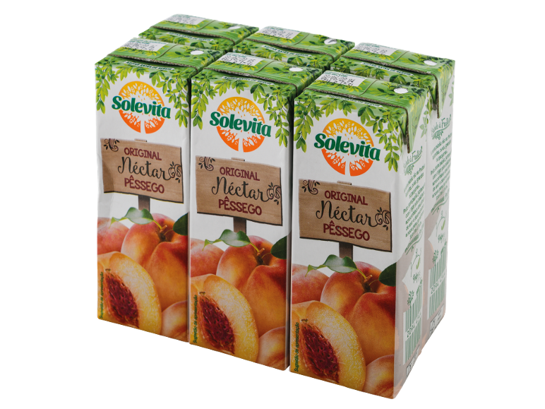 Seis caixas de néctar de pêssego com design de frutas e folhas, rotuladas como 'Néctar Original Pêssego'.