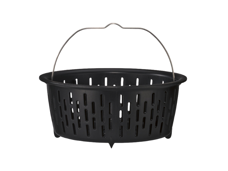 Cesto de vapor de plástico preto com pega de metal.