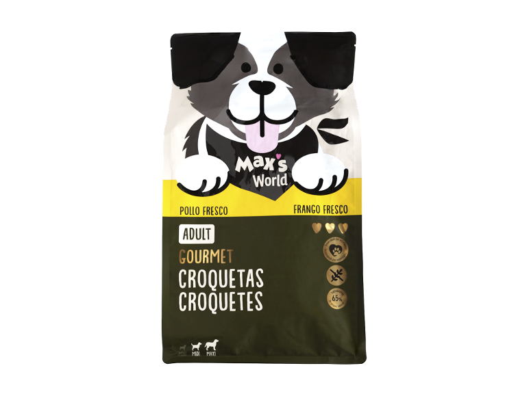 Ração seca para cães adultos Max's World com frango fresco.