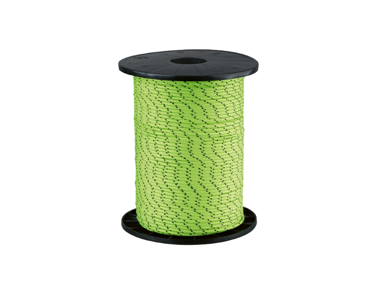 Carretel de corda verde brilhante com pintas pretas.