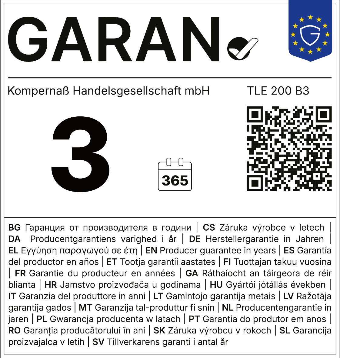 Selo de garantia do fabricante: 3 anos ou 365 dias.