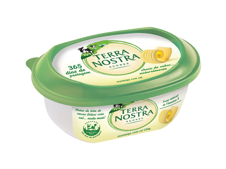 Manteiga Terra Nostra com sal, 250g, de vacas felizes em pastagem.