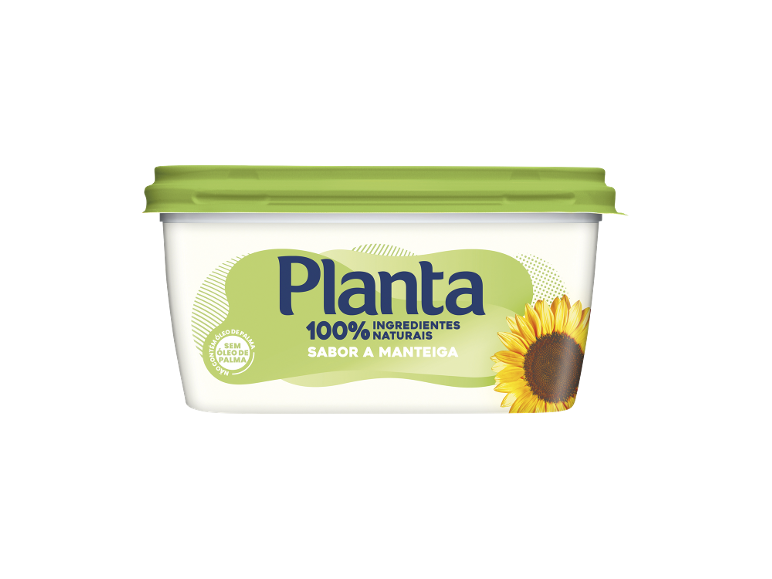 Embalagem branca de margarina com tampa verde, a inscrição 'Planta' e um girassol.