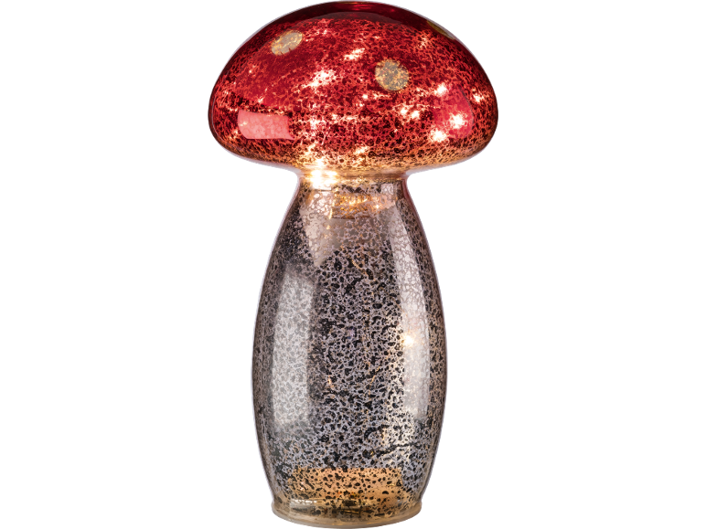Candeeiro de mesa LED vermelho em forma de cogumelo com acabamento em vidro de mercúrio salpicado.