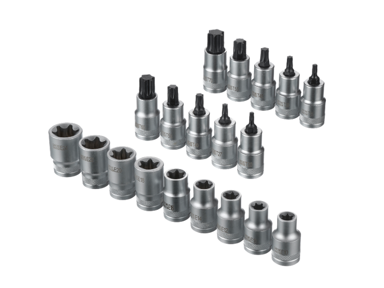 Conjunto de chaves de caixa e bits Torx e de perfil E, incluindo tamanhos de E10 a E24 e T20 a T70.