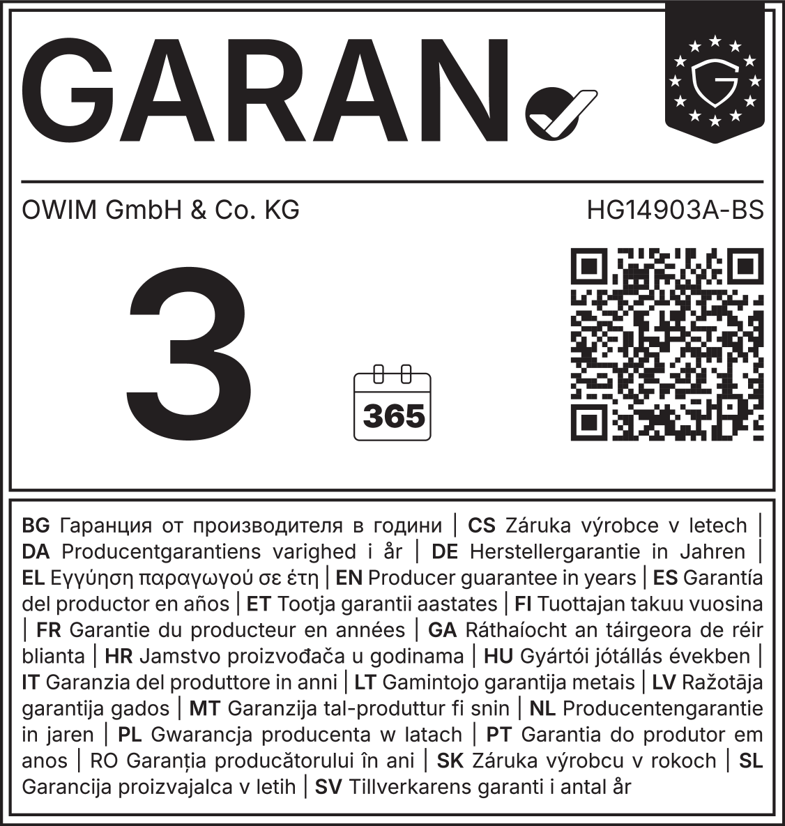 Garantia 3 anos, 365 dias, com código QR e informações multilingues.