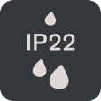 Selo IP22 com gotas de água, indicando proteção contra objetos sólidos e água.
