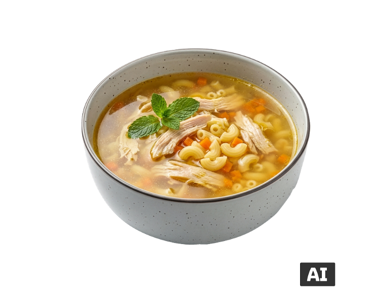 Canja de galinha com massa e cenoura numa tigela clara. [imagem gerada por IA]