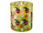 Vela em recipiente de vidro com tema de Halloween: abóboras, fantasmas e teias de aranha.
