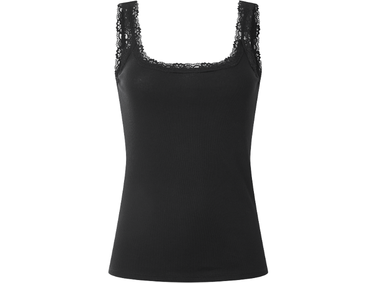 Camisola preta com alças e detalhes de renda no decote e ombros.