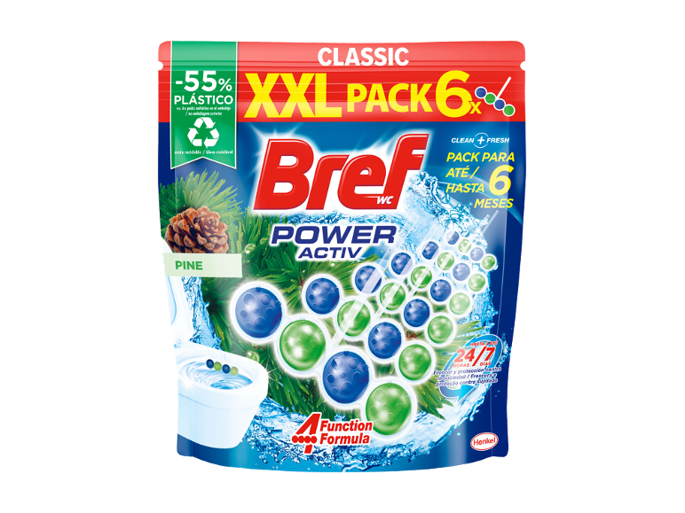 Embalagem XXL de ambientador de sanita com aroma a pinho, fórmula de 4 funções e 55% menos plástico.
