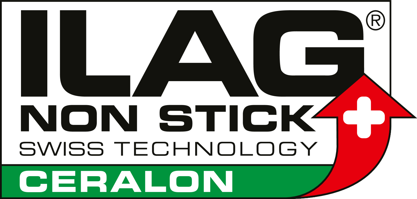 Logótipo ILAG NON STICK SWISS TECHNOLOGY CERALON com seta vermelha e cruz branca
