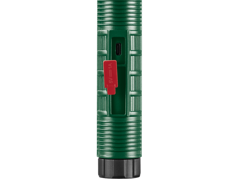 Lanterna verde com uma tampa de borracha vermelha cobrindo a porta de carregamento 5V=1A.