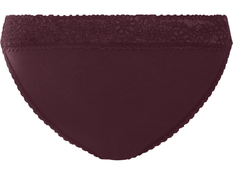 Cuecas femininas cor de vinho com detalhes de renda na cintura.