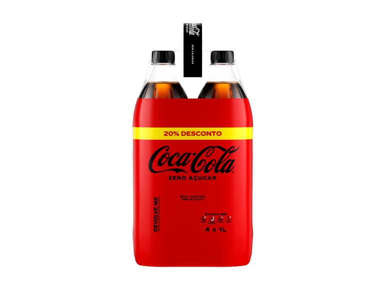 Quatro garrafas de refrigerante sem açúcar, com 20% de desconto e embalagem reciclável.