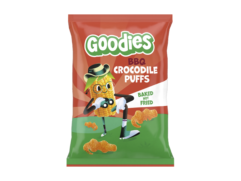 Embalagem Goodies BBQ Crocodile Puffs com personagem de milho de chapéu e binóculos.