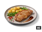 Bife com batatas e espargos num prato. [imagem gerada por IA]
