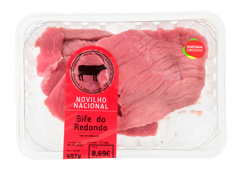 Realvalle Novilho Nacional Bife do Redondo, 497g, 8,69€, consumir até 09.09.2025.
