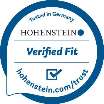 Selo 'Testado na Alemanha, Ajuste Verificado' com o endereço web hohenstein.com/trust.