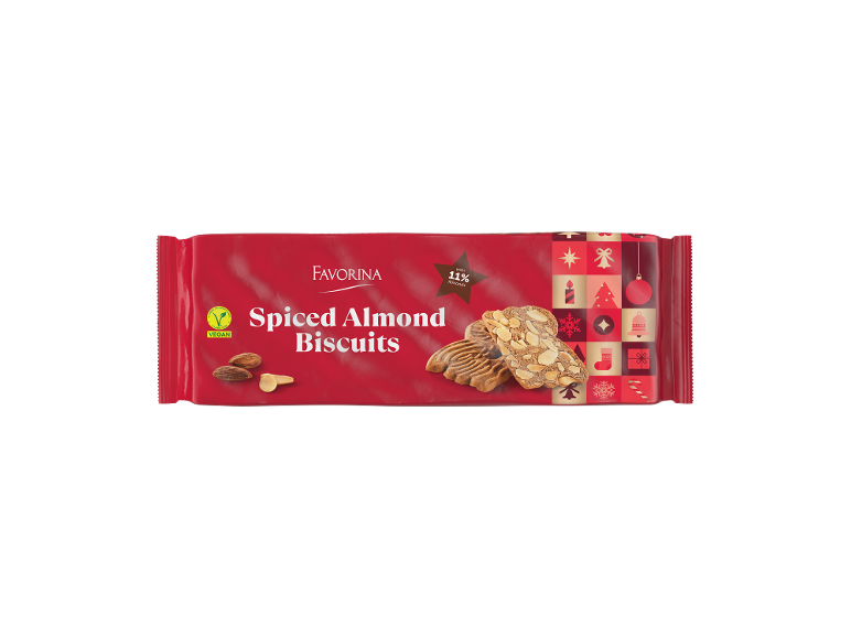 Biscoitos de amêndoa especiados com 11% de amêndoas e embalagem com tema natalício.