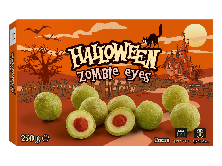 Caixa de 'Halloween Zombie Eyes' com bolas verdes e recheio vermelho, num fundo temático de Halloween.