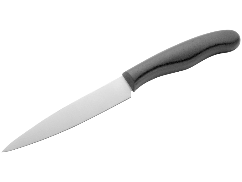 Faca de cozinha com cabo preto e lâmina de metal.