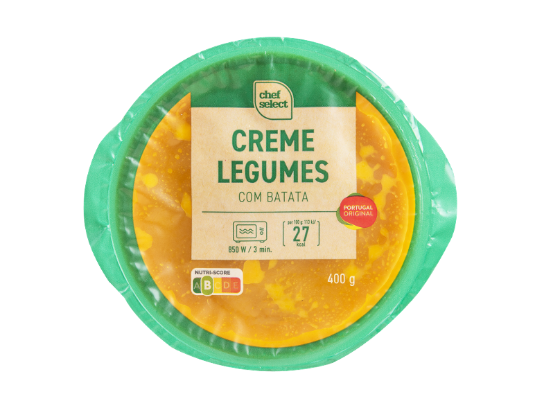 Creme de legumes com batata, 400 g, com Nutri-Score A e instruções de preparação.