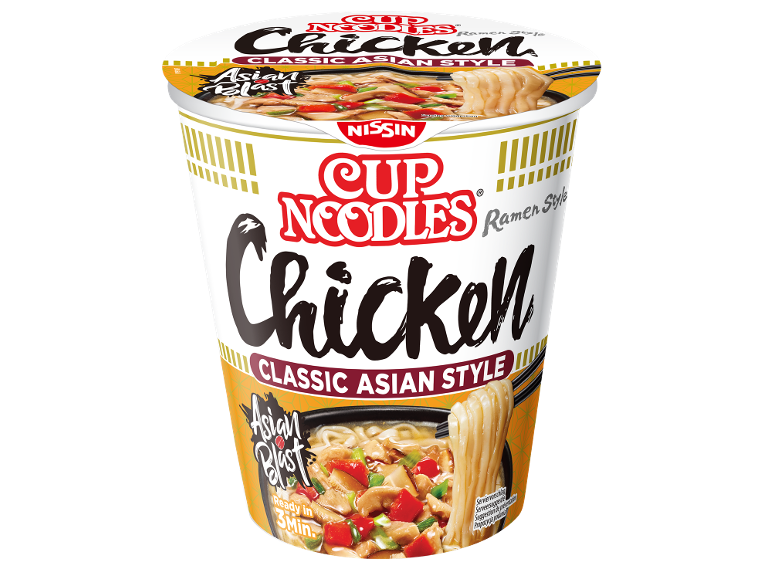Noodles instantâneos com sabor a frango, estilo asiático clássico, prontos em 3 minutos.