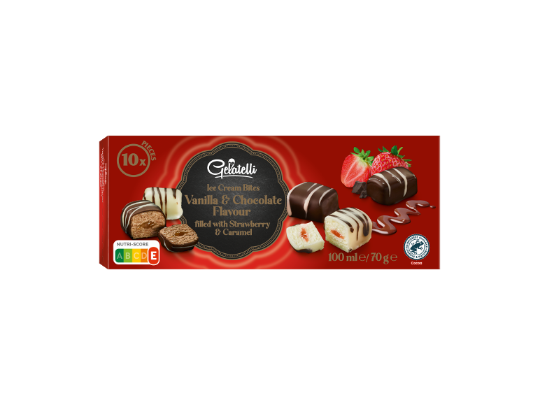 Mordidas de gelado com sabor a baunilha e chocolate, recheadas com morango e caramelo.