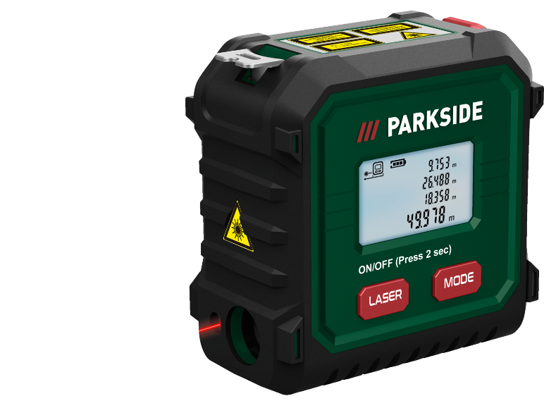 Medidor de distância a laser com display digital mostrando várias medições e botões de controle.