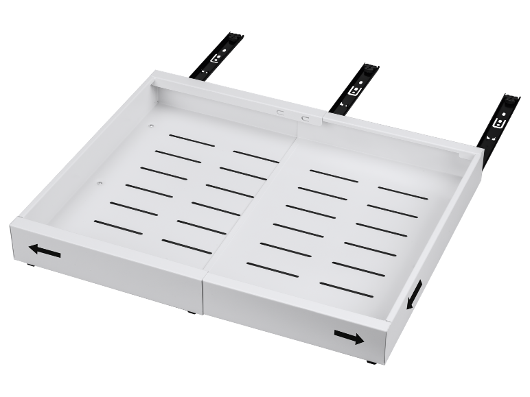 Tabuleiro de teclado branco com ventilação e calhas de montagem, com setas direcionais.