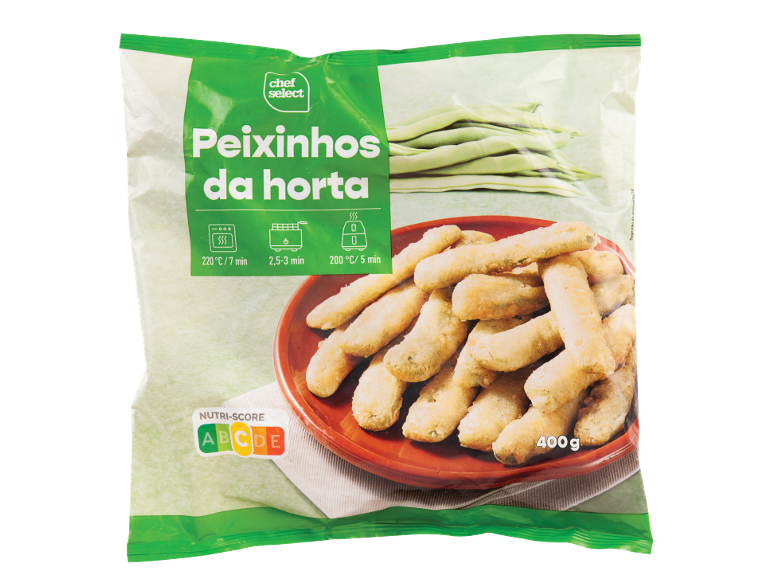 Embalagem Chef Select Peixinhos da horta (feijão verde panado) com Nutri-Score A e 400g.