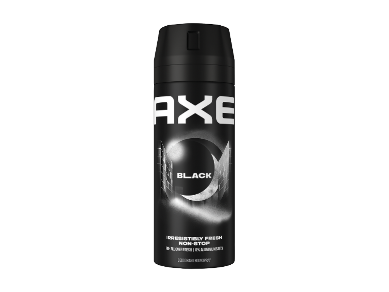 Desodorizante corporal preto em spray com o texto 'IRRESISTIBLY FRESH NON-STOP'.