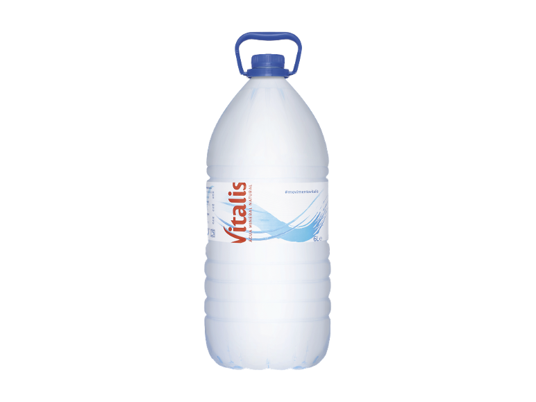 Garrafa de 6 litros de água mineral natural com tampa e pega azuis.